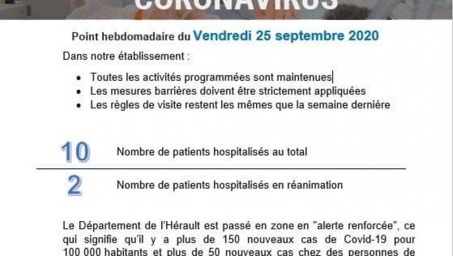 Point hebdomadaire COVID-19 du 25 septembre 2020